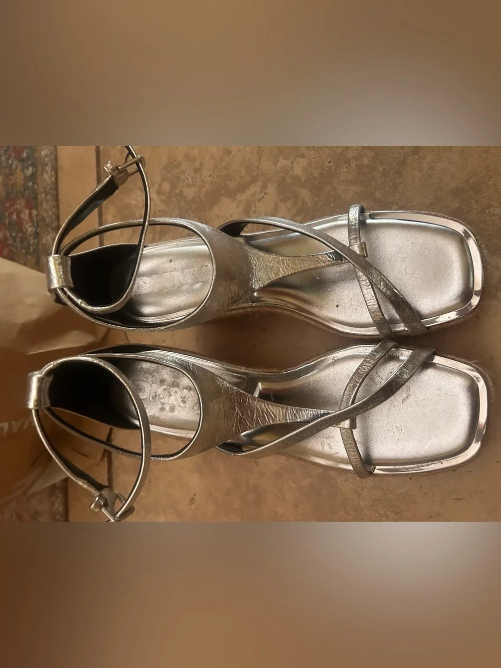 DKNY Silver Metallic Espadrille Wedge Sandals